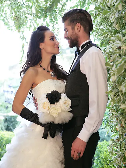 Stockings-clad brunette bride getting banged by her big-dicked g