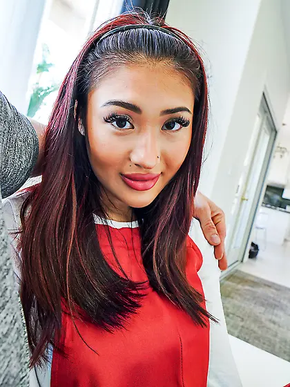 Busty Asian gal Mina Luxx sucks big cock and licks balls before