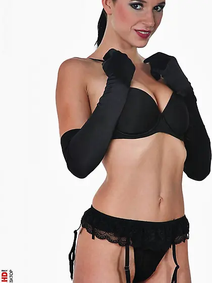 Charming brunette girl Gwen A in the hot black lingerie,  stockin