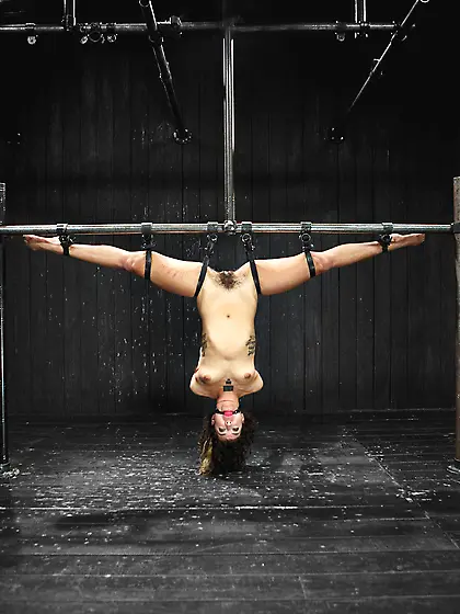 Upside down pussy torture for a twisted hairy whore here