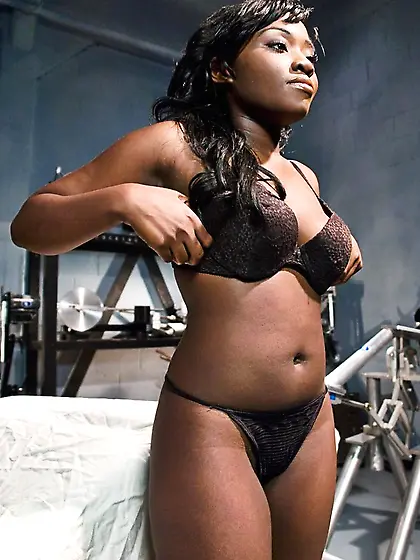 Busty ebony model stimulates