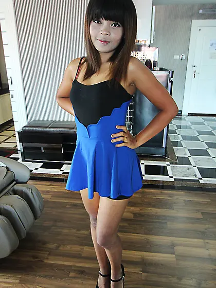 Brunette with long legs and sexy heels sucking white dick