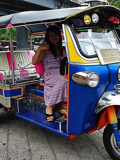 Asian teen Tukta with red hair wears sexy violet dress and prefe