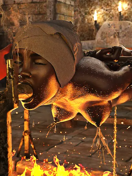 Black girl impaled,  spitroasting,  barbecue,  BBQ