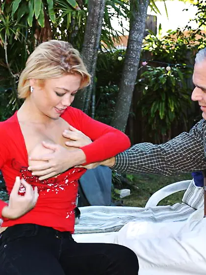 Busty blonde babe red