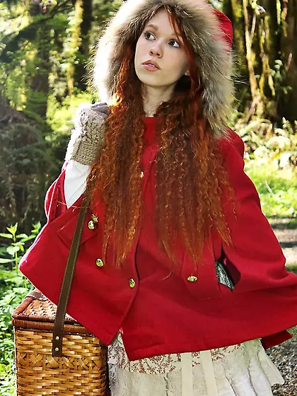 Little Red Riding Hood lost in the woods using banana to masturb