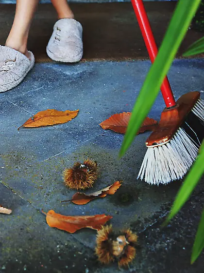 White dress brunette beauty sweeping the steps,  getting naked Vi