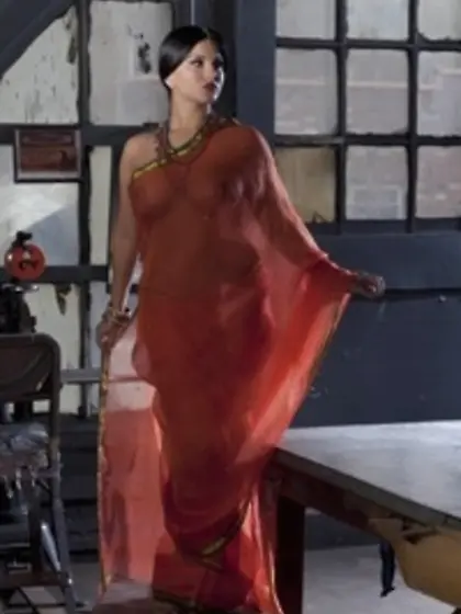 Diva in a transparent red sari fails to hide her big melons with