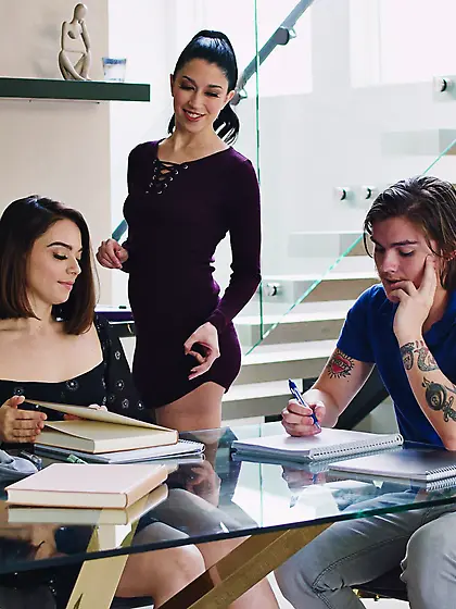 Alex Coal and Sophia Burns pleasuring lucky dude in the living r