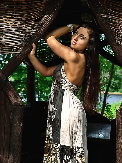 Dark-haired chick with long slender legs ends up completely nake