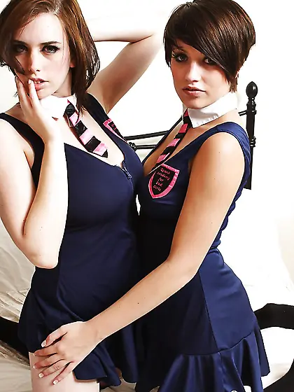 Steamy babes in dark-blue dresses expose their natural breasts a