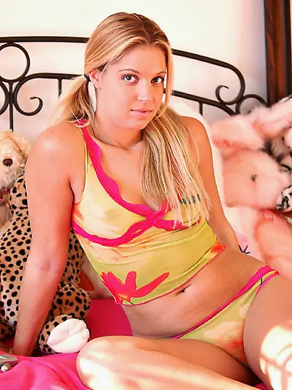 Cute babe Haley Scott gets off her panty and plays with her nast