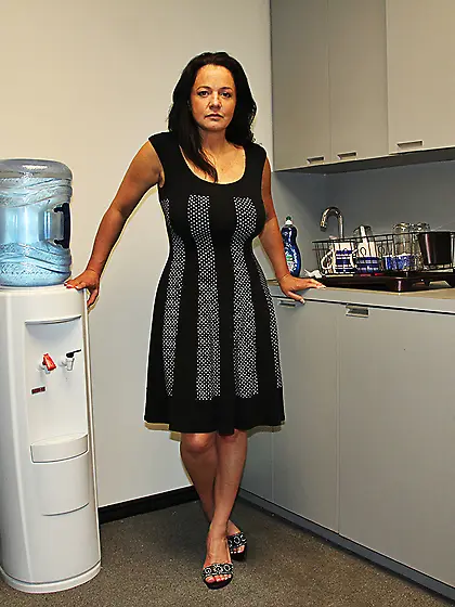 Busty Pepper Ann squeezes cock between globes and licks the big