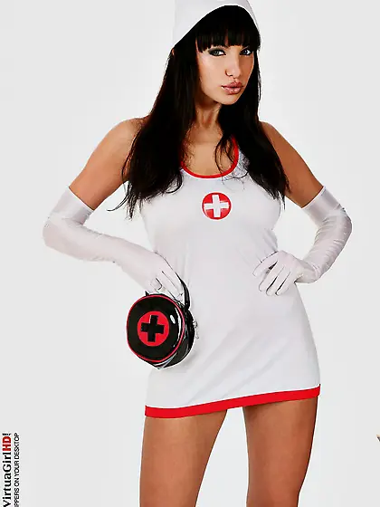 Busty brunette Marta Zawadzka is wearing a tight fitting nurse u