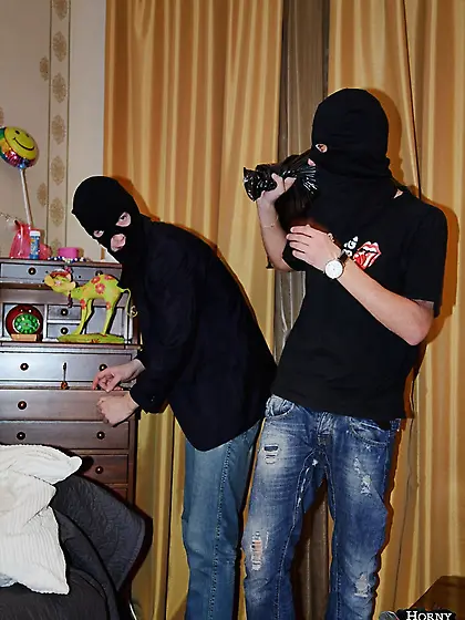 Honey takes a couple of facial cumshots from home invaders