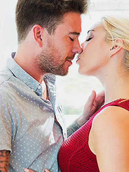 Blonde teen takes fishnets