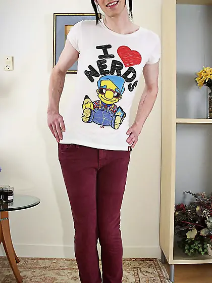 Ponytailed brunette t-girl striped