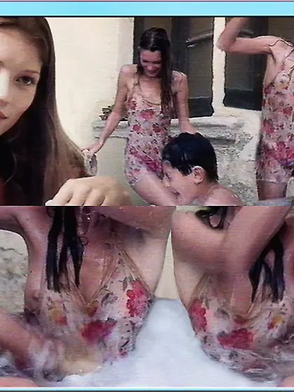 Skinny model in white bikini pose topless