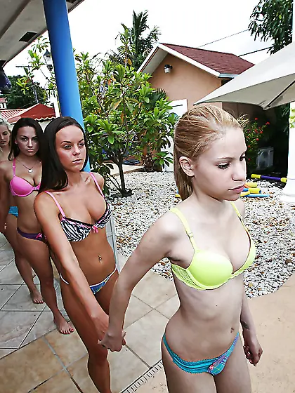 Horny lesbian pool orgy
