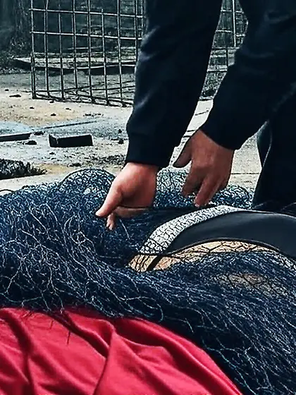 Black Superhero captured in netting.  KO and fondle