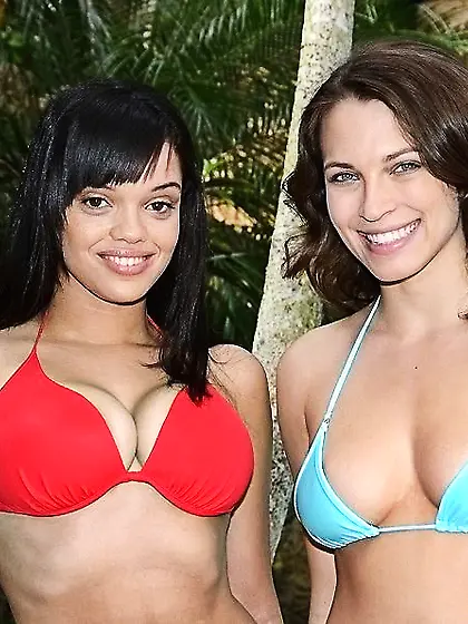 Bikini-clad beauties enjoying this guy's massive cock outdo