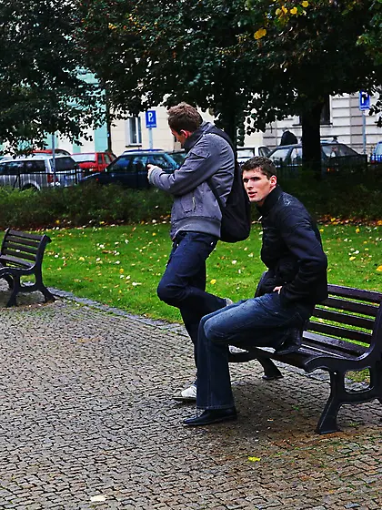 Two boys were sitting