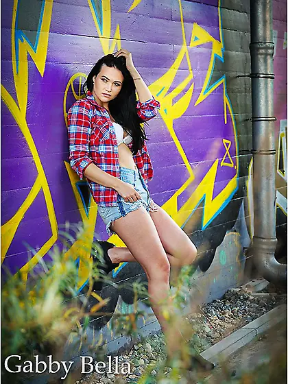 Gabby Bella perfect babe with white bra at the graffiti wall