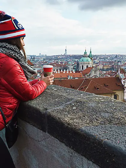 Mischievous brunette red jacket