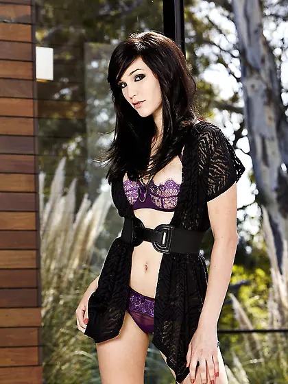 Holly Michaels strips her classy purple lingerie off and shows u
