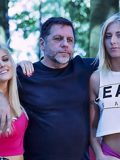 Blonde lovelies go camping because of sex with bearded old sugar