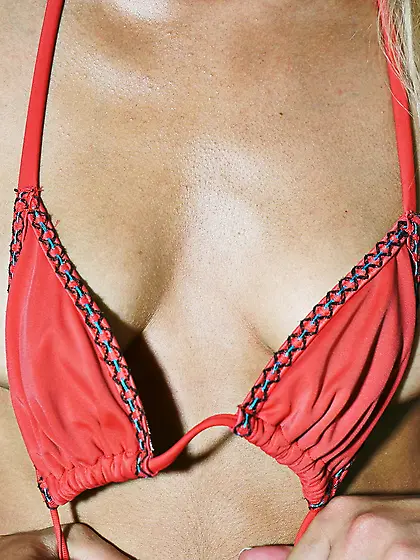 Denim shorts blond-haired cutie shows her feet and pussy next to