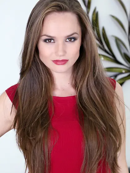 Perfect-looking brunette in red masturbating with a big toy,  LIV