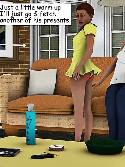 Birthday boy wears a dress and is spanked...