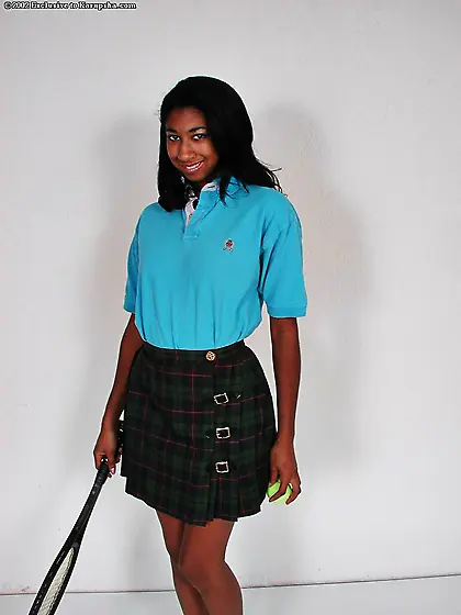 Black tennis girl Penelope Lilac takes off her snow white pantie