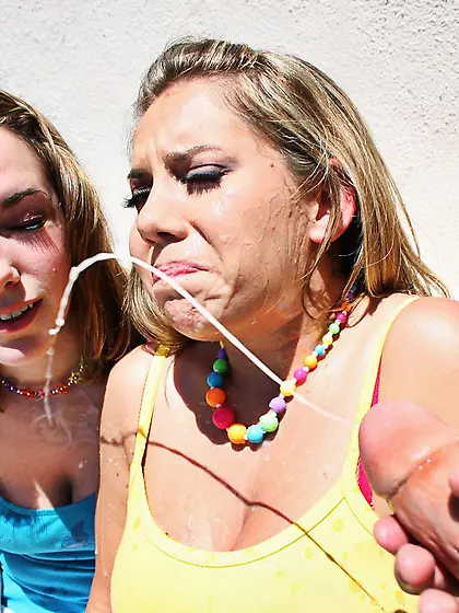 Cock crazed Allie Foster and her GF get mouthful of cum after a