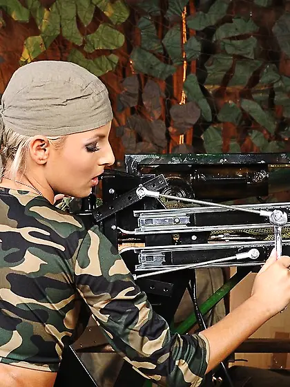 Horny blonde Eve Smile in military underwear sticking dildo mach