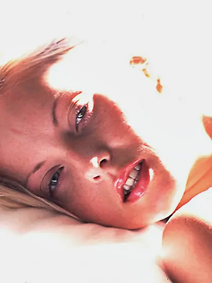 Beautiful blonde gal Jana Cova strips her white thongs and finge