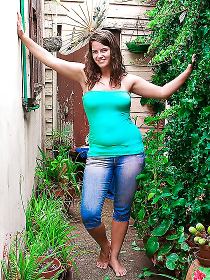 Girl with big natural breasts fingers herself while outside