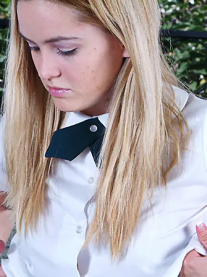 College blonde Kira Beckam in uniform and sneakers drills her ti