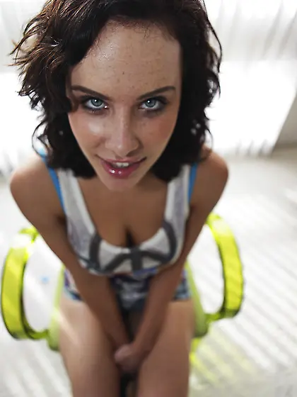 Katie St.  Ives takes her blue thongs off and gets her vagina ram