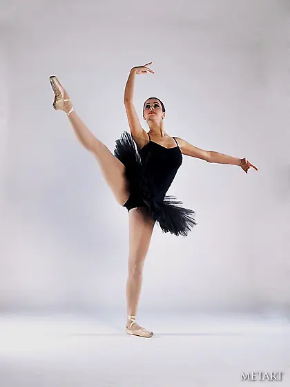 Skilled ballerina shows her natural breasts and sexy legs in a d