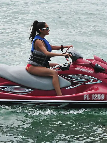 Bikini-wearing Latina with tan lines gets savagely banged on a b