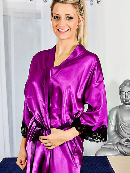 Big titted blonde Sienna Day poses in sexy lilac lingerie and sh