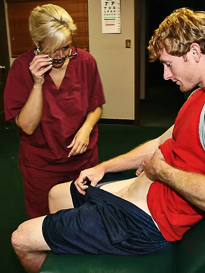 Hot blonde nurse Carey Riley gets her hands all over hot young s