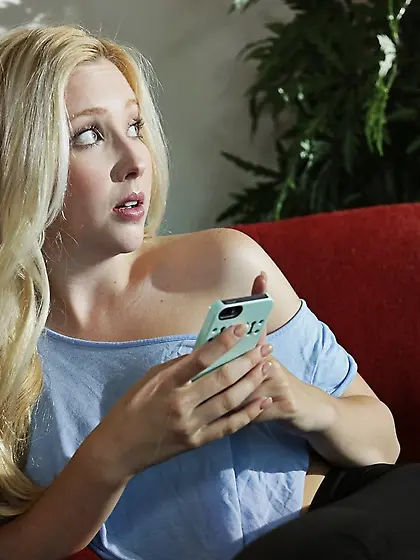 Blonde chick bribes officer and lets him band her on the red sof