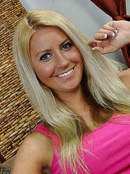 Smooth pussy blonde Chantelle Sky pulls her blue panties aside a