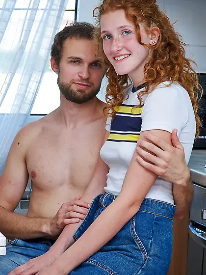 Russian girl with red hair starting with oral in the kitchen