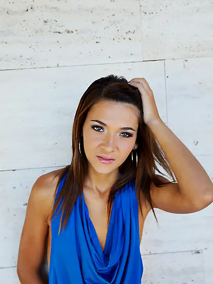 Brunette strips blue dress