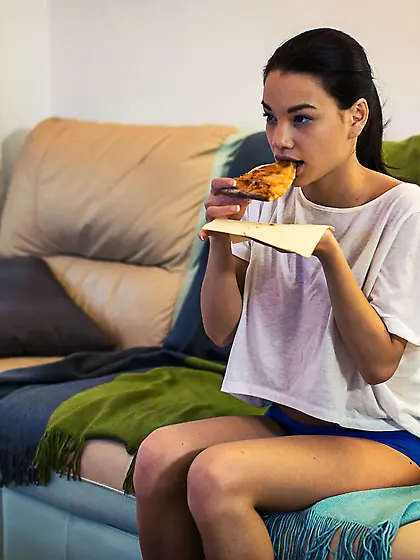 Blue panties brunette takes off her white top to show her ample