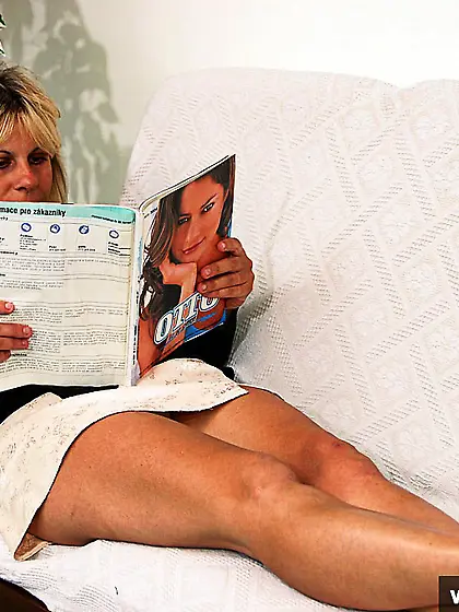 Mature blonde mom plays with pussy